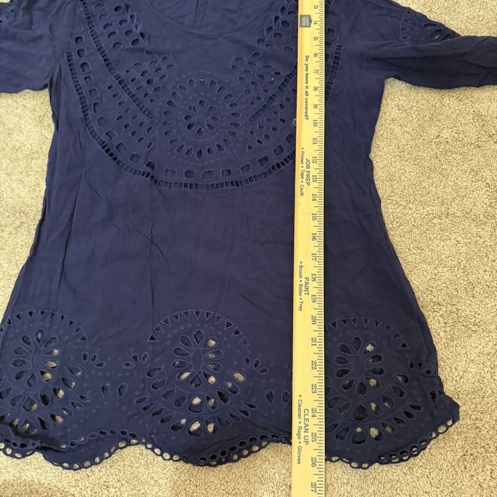 Solitaire Swim Navy Blue Eyelet Lace 3/4 Sleeve Tunic Top Women M Resortwear - Picture 8 of 11